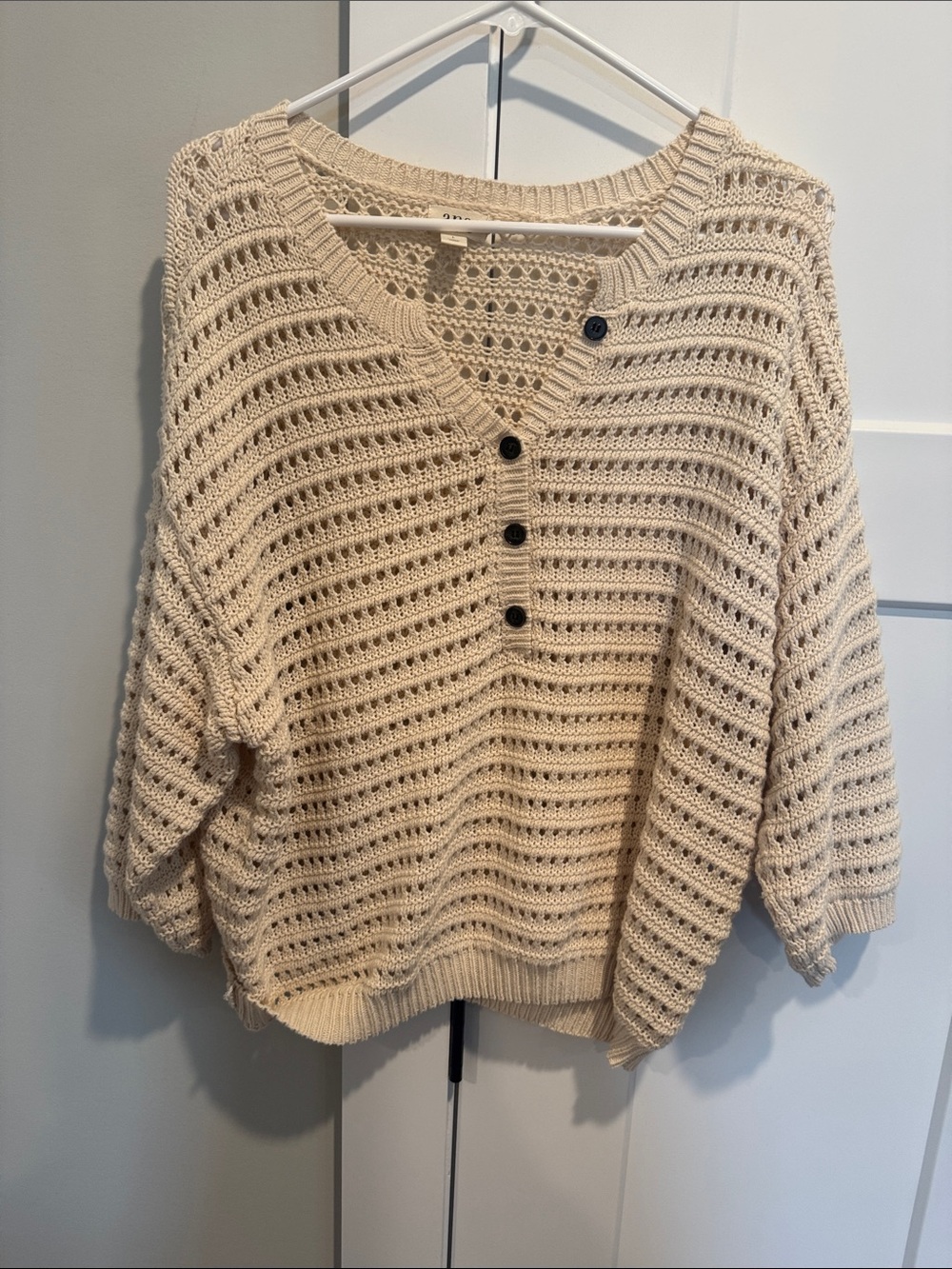 a.n.a Cream Open-Knit V-Neck Button Pullover